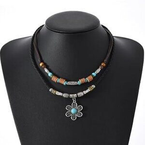 Boho Layered Leather Necklace Floral Medallion Multi Colored Trendy Bohemian